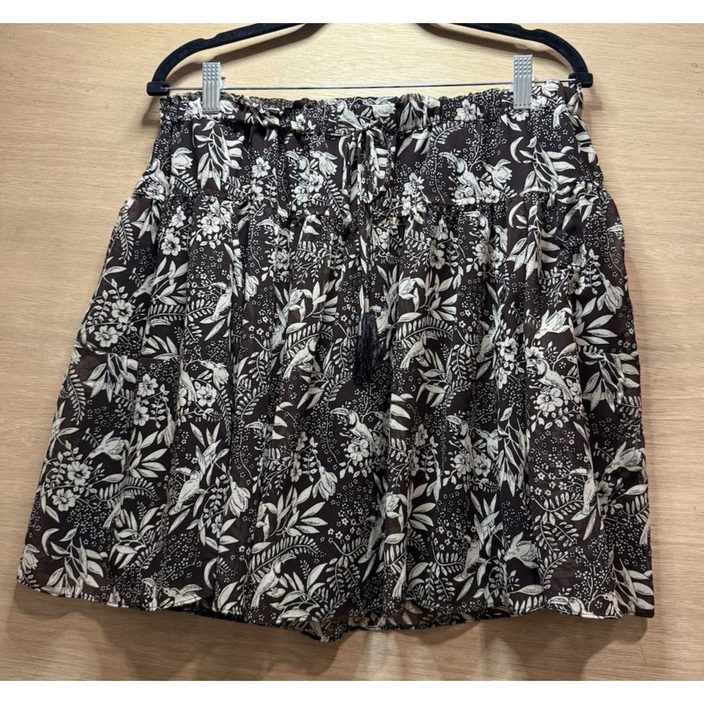 SCOTCH & SODA x THE POOLSIDE Brown White Bird & Floral Flowy Tassel Skirt Large